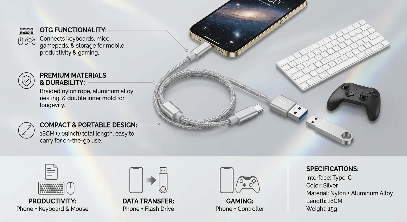 18CM TYPE-C OTG Braided Silver Adapter Cable Converter Cable USB Interface