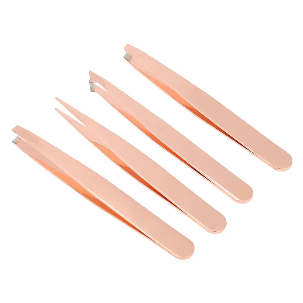 Professional Rose Gold Stainless Steel Slant Tip Tweezer Eyebrow Hair Remover Makeup Tool 4pcs