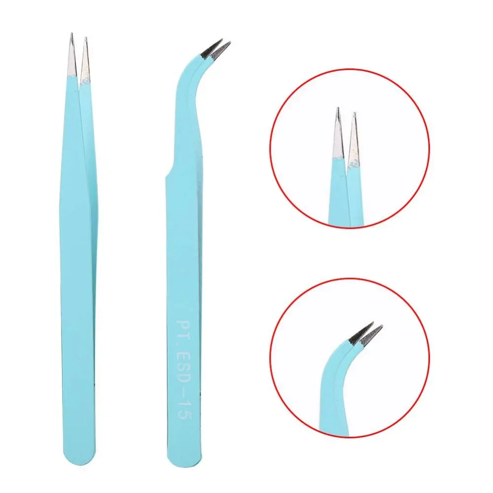 2Pcs Stainless Steel Nail Art Tweezers Anti-static Straight Curved Head Manicure Tweezers Blue