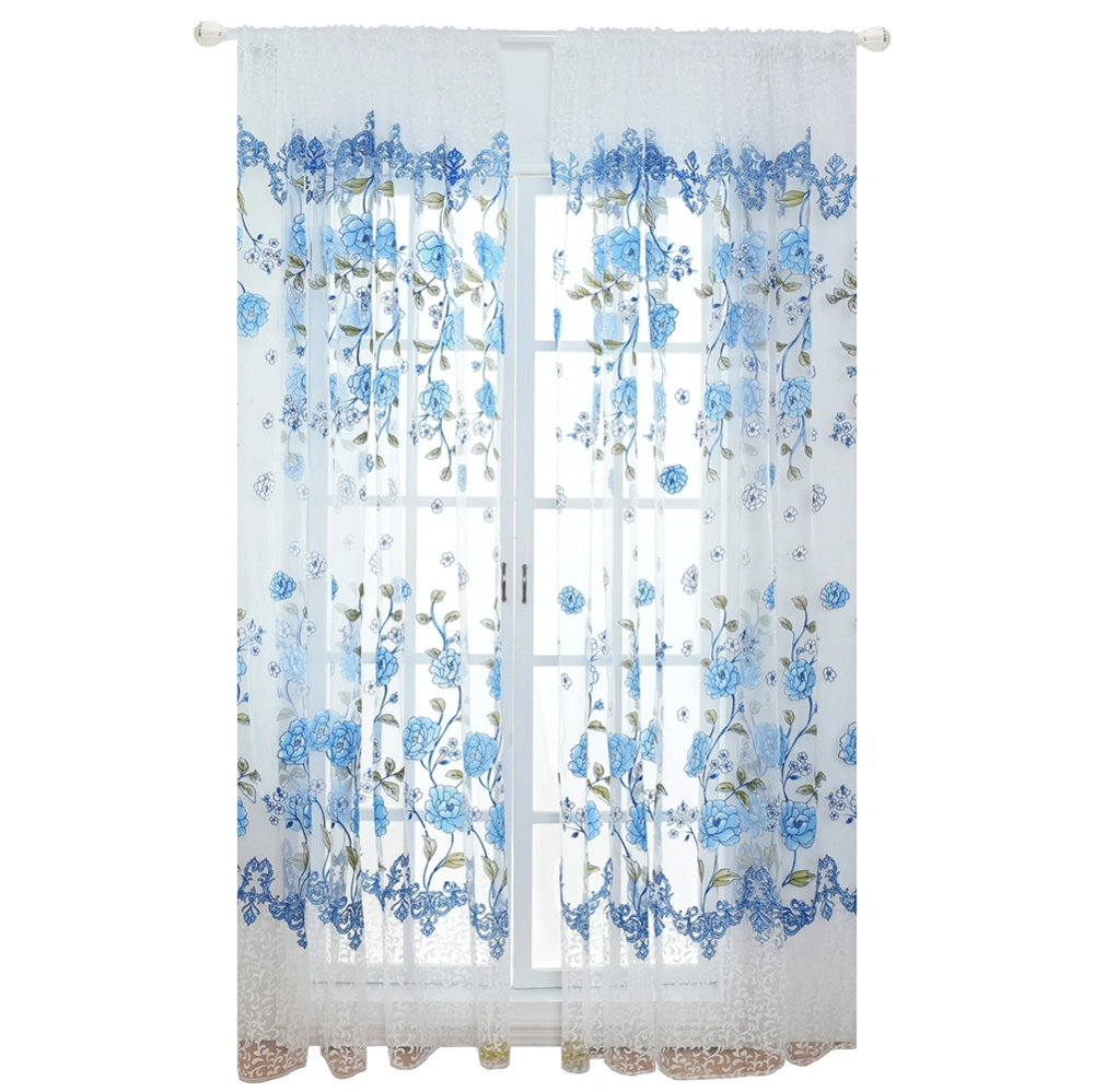 100 x 200 cm Floral Print Sheer Scarf Transparent Curtain Voile Window Panels Blue