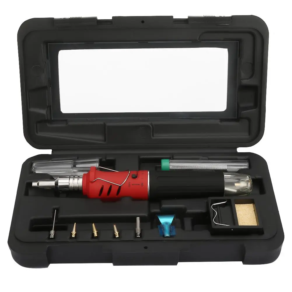 10PCS HS-1115K Multi-function Butane Gas Soldering Iron Cordless Solder Welding Torch Kit (Red)