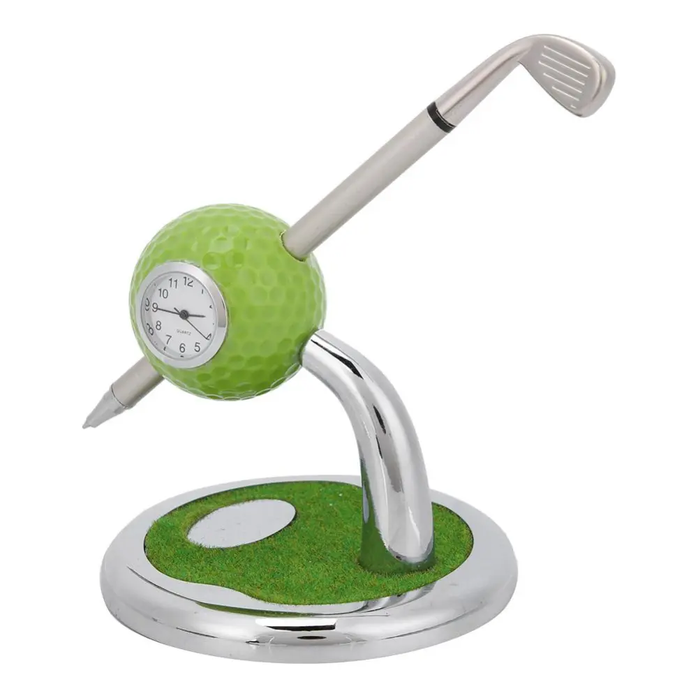 Golf Ball Pen Holder Stand with a Pen and Clock Desktop Decor Golf Gift(red)