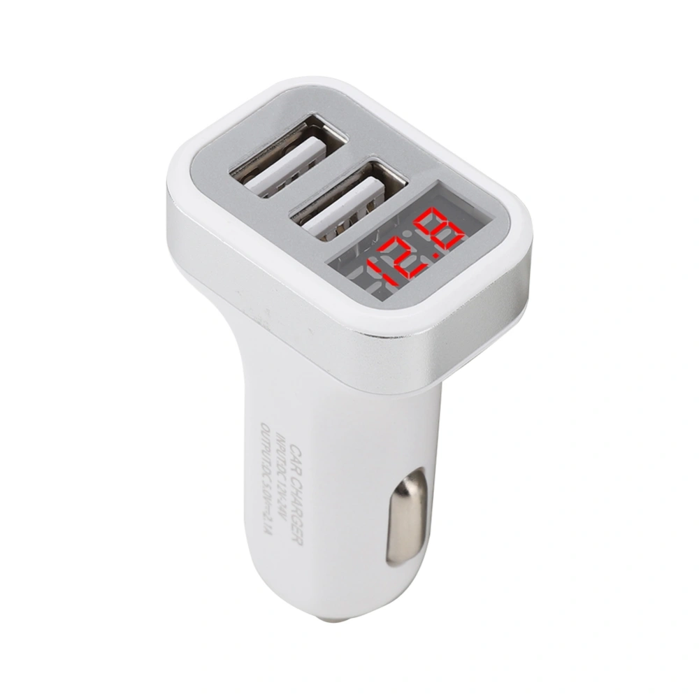 Mini 2-port USB Car Charger with LED Display Safe Charging Car Charger for Phone (White Silver)