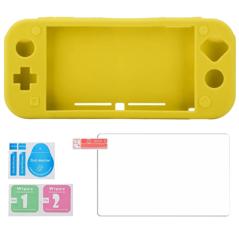 Silica Gel Protective Case Cover & Tempered Glass Screen Protector Set for Switch Lite Yellow
