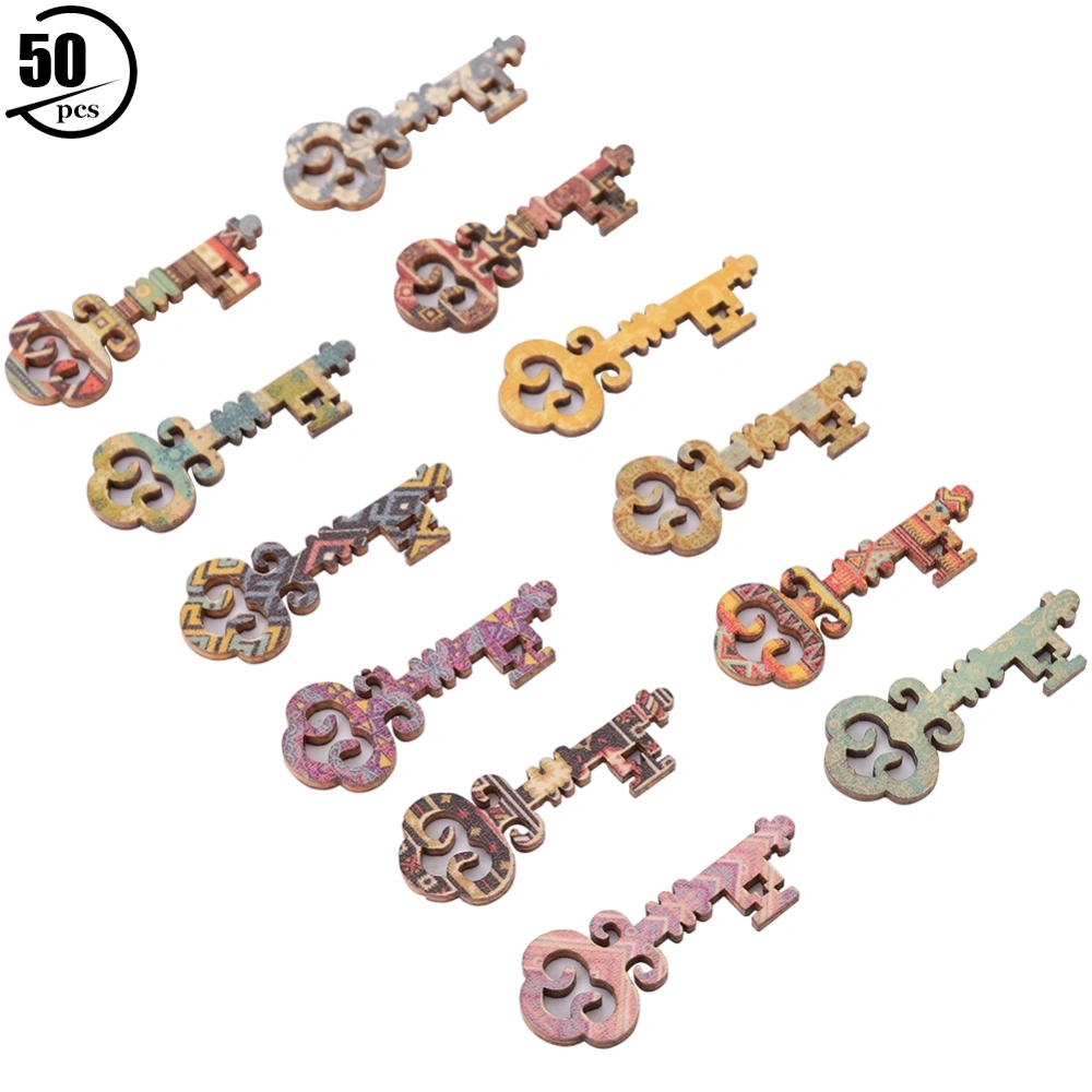 50PCS Hollow Wooden Buttons Multi-Purpose Key Shaped DIY Sewing Craft Supplies