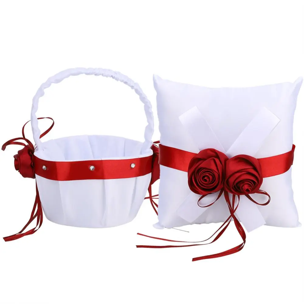 Wedding Girl Flower Basket and Ring Pillow Set Ring Bearer Cushion Pillow Basket for Wedding Supplies(Flower Basket+Ring Pillow )