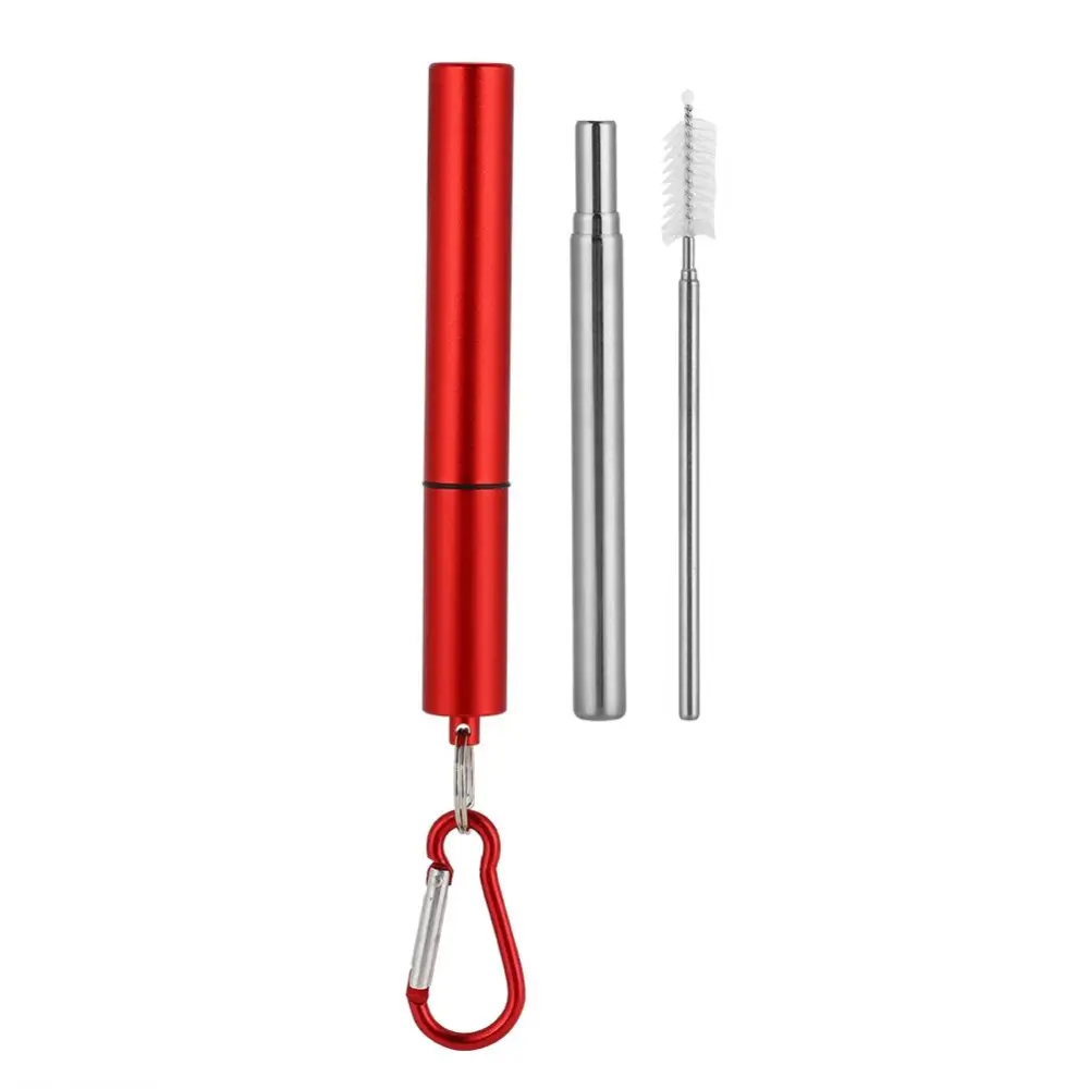 Retractable Stainless Steel Reusable Straw Kit(Red Aluminum Case + Straw + Brush + Carabiner )