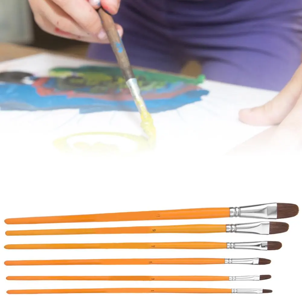 6Pcs Painting Brush Yellow Weasel Hair Birch Handle Gouache Watercolor Drawing Pen Art Supplies