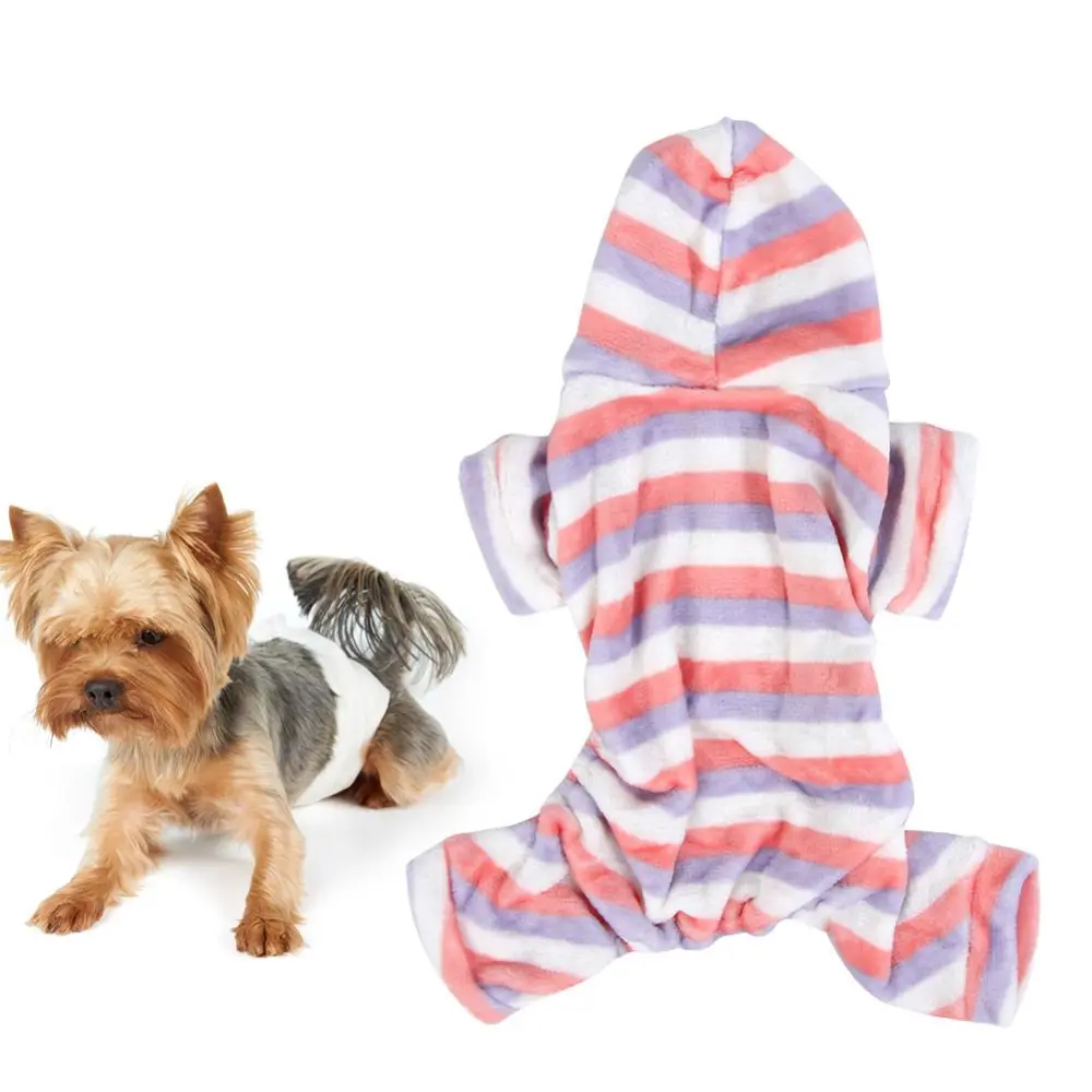 Pet Dog Cat Coral Fleece Cute Clothes Nightclothes Keep Warm Hooded Design for Autumn and Winter Stripe Pattern( )