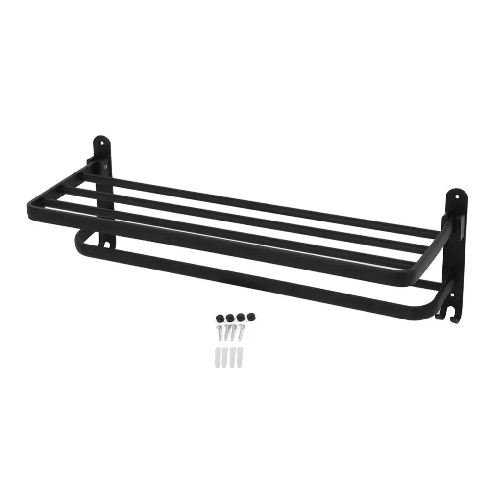 Bathroom Wall Mounted Black Double Layer Folding Towel Rack Storage Holder Shelf