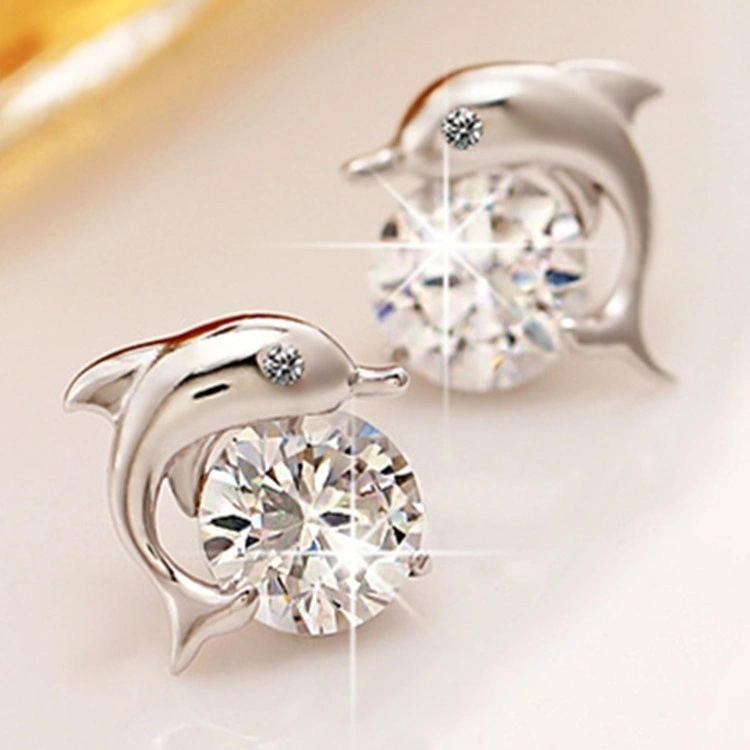 Lovely Crystal Eye Dolphin CZ Stud Earrings Women's 925 Sterling Silver Jewelry