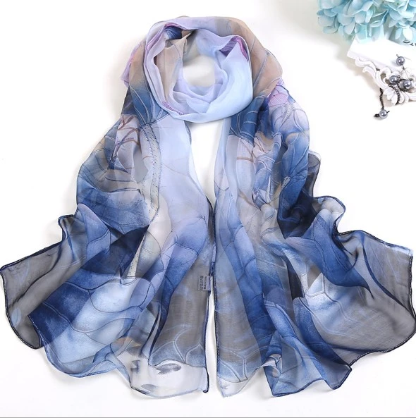 Women Fashion Chiffon Georgette Silk Scarf For Lotus Flower Bandana Beach Sarong Scarf (Blue)