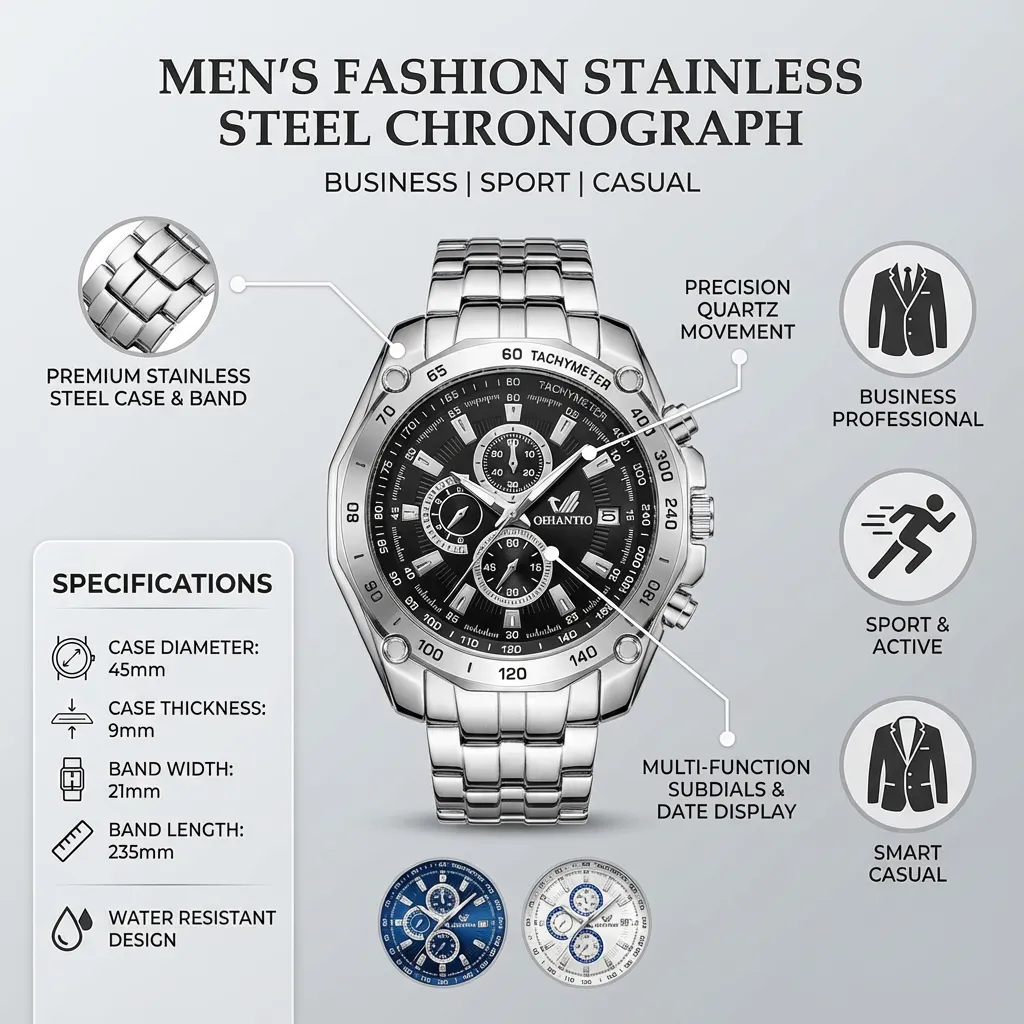 Men's Fashion Stainless Steel Belt Sport Business Quartz Watch Wristwatches