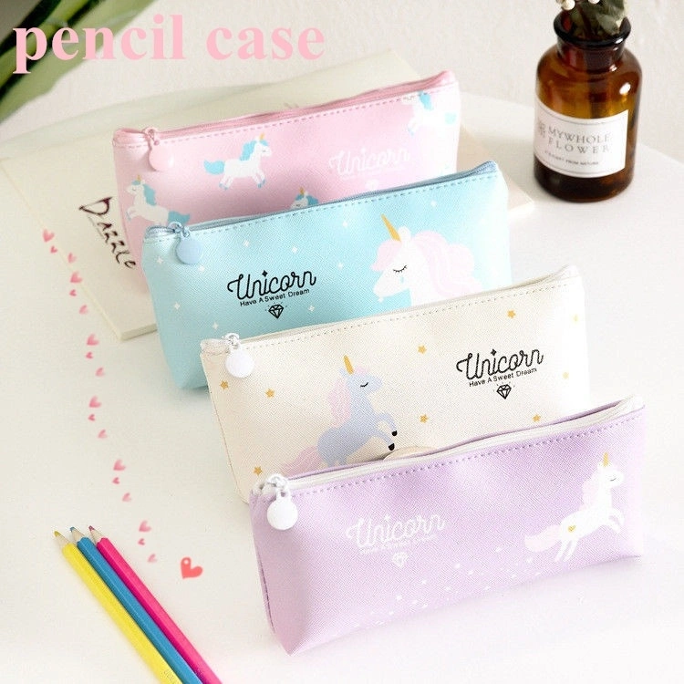 Unicorn Pencil Case Kawaii School Supplies PU Cosmetic Pouch Stationery Zip Bag（Khaki）