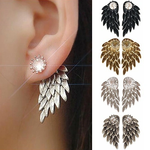 Women's Cool Gothic Jewelry Angel Wings Rhinestone Alloy Drop Stud Earrings（BALCK）