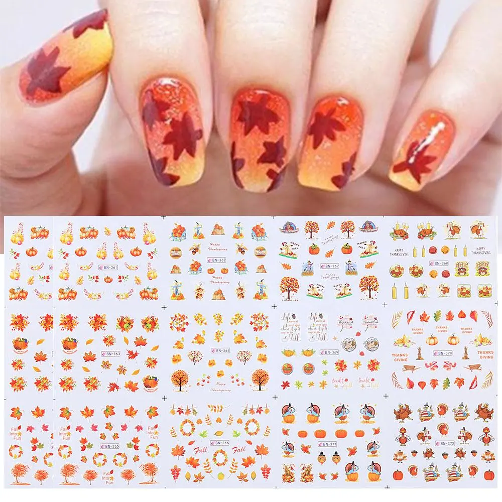 12Pcs/Sheet Thanks Giving Christmas Yellow Leaf Pattern for Nail Art Nail Decoration（BN361-372）