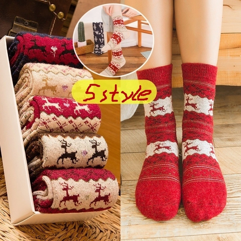 Fashion Thick Wool Sock Women Winter Warm Socks Christmas Elk Deer Pattern （White）