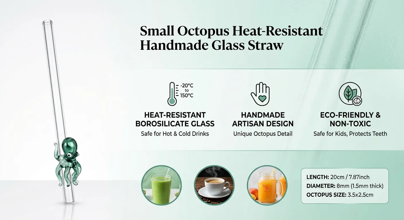 Small octopus heat-resistant handmade glass straw lake green