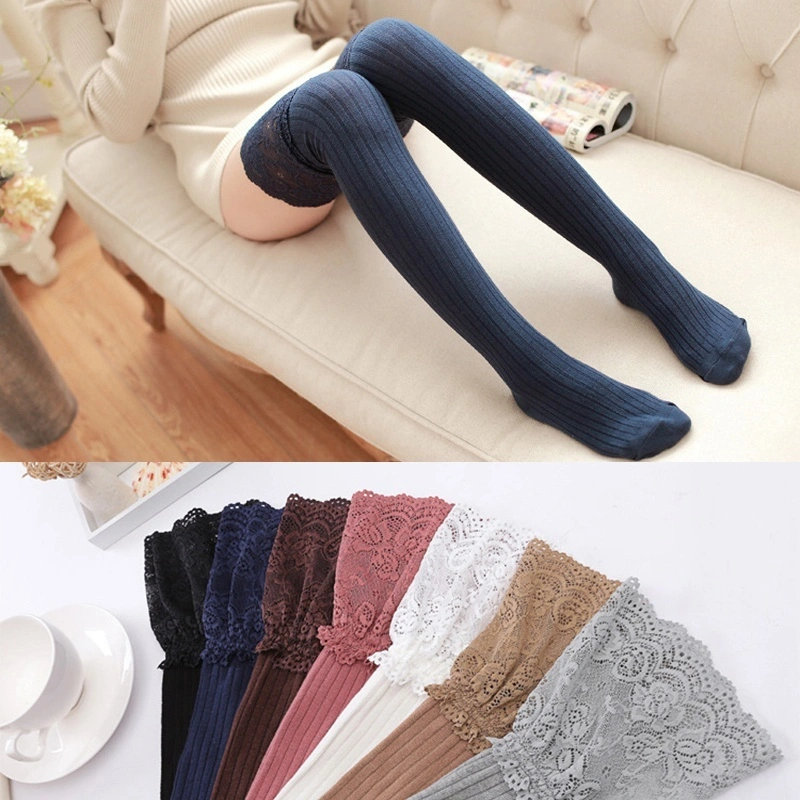 Women Winter Lace Floral Soft Knit Plus Knee Long Boots Waders Warm Socks