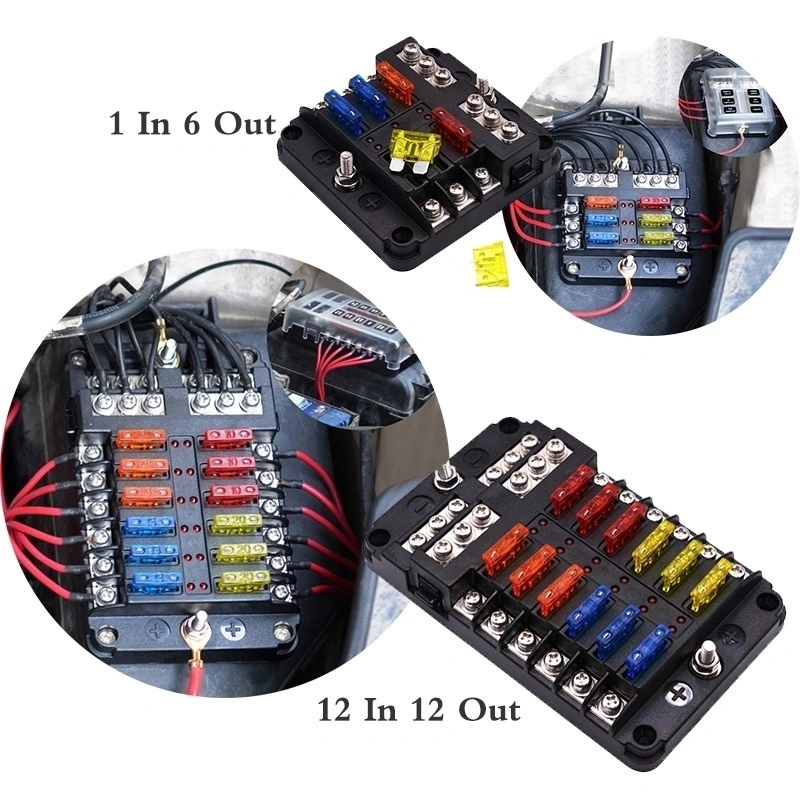 Independent positive and negative one-in and multiple-out fuse box with LED indicator ( 12 )