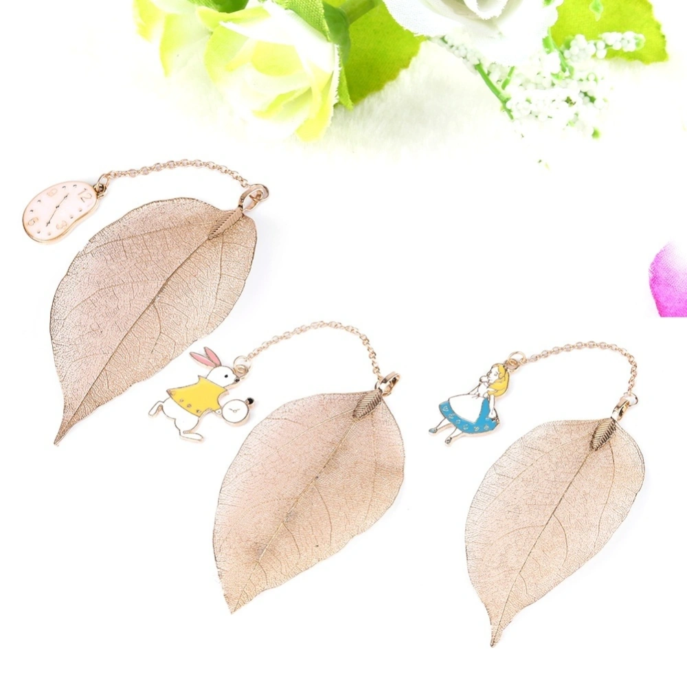 1Pc Gold Metal Leaf Bookmark with Alice/Rabbit/Clock Pendant for Book Paper Reading