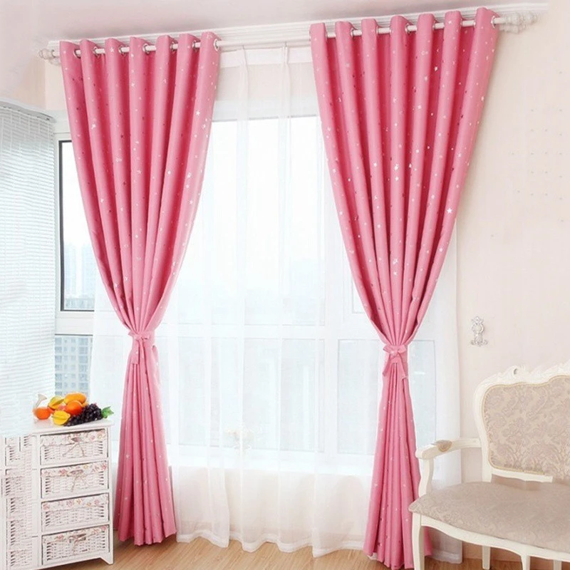 5Colors Star Print Window Curtain Panels Door Balcony Room Divider Curtain (Pink)100+250