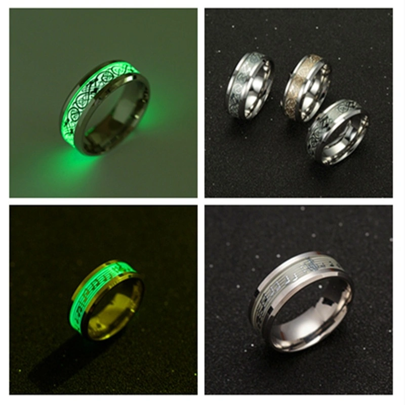 Piano Music Note Luminous Ring Dragon Design Stainless Steel Classic Band Ring (Silver Size:9)