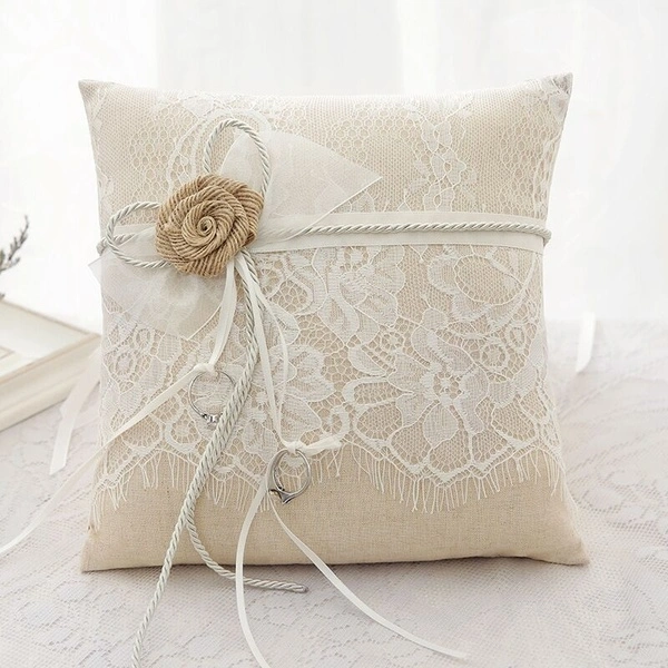 21cm*21cm Rose Bow Lace Linen Wedding Ring Pillow (Beige)