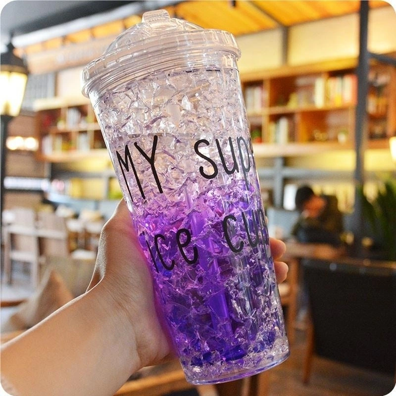 Ice Cup Creative Summer Ice Cup Double-layer with Straw with Cover Plastic Water Cup Refrigerat