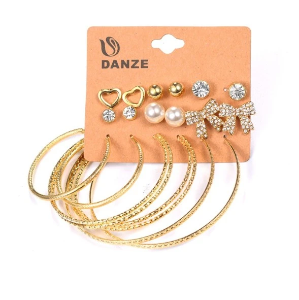 Punk 9 Pairs Pack Set Brincos Mixed Earrings For Women Crystal Ear (Gold)