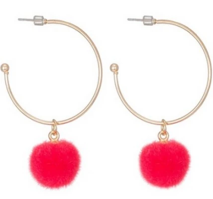 Pom Earrings Big Mink Fur Circle Pendientes Hairball Earrings For Women (Red)