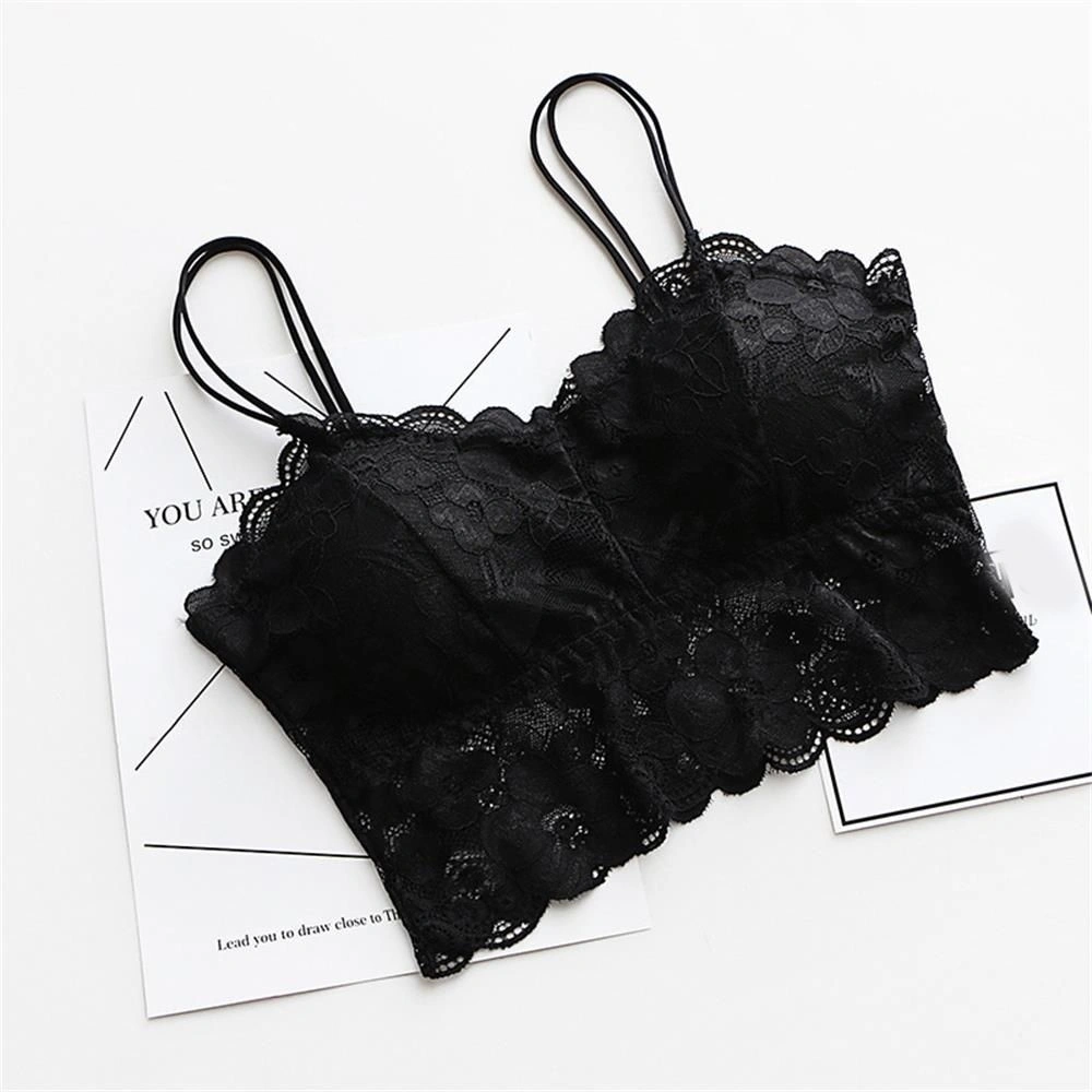 1 PC Sexy Women Lace Tops V-neck Lace Floral Hollow Camisole Vest Bra Blouses (Black)