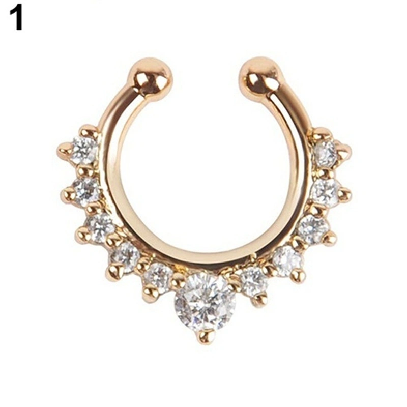 1PC Crystal Rhinestone Fake Septum Clicker Nose Ring Non Piercing Hanger Clip On Jewelry (Gold)