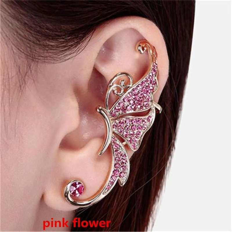 Fashion Crystal Clip Ear Cuff Stud Women's Punk Wrap Cartilage Earring Jewelry (Pink Flower)