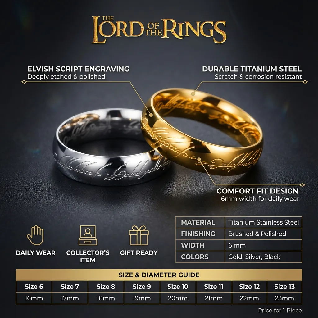 Lord of the Rings Stainless Steel Men Women LOTR The One Band Ring (Gold 12)