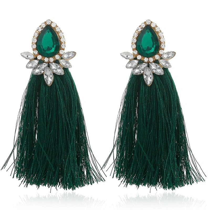 Women Ethnic Vintage Earrings Long Crystal Fringe Statement Jewelry Tassel Earring (Green)