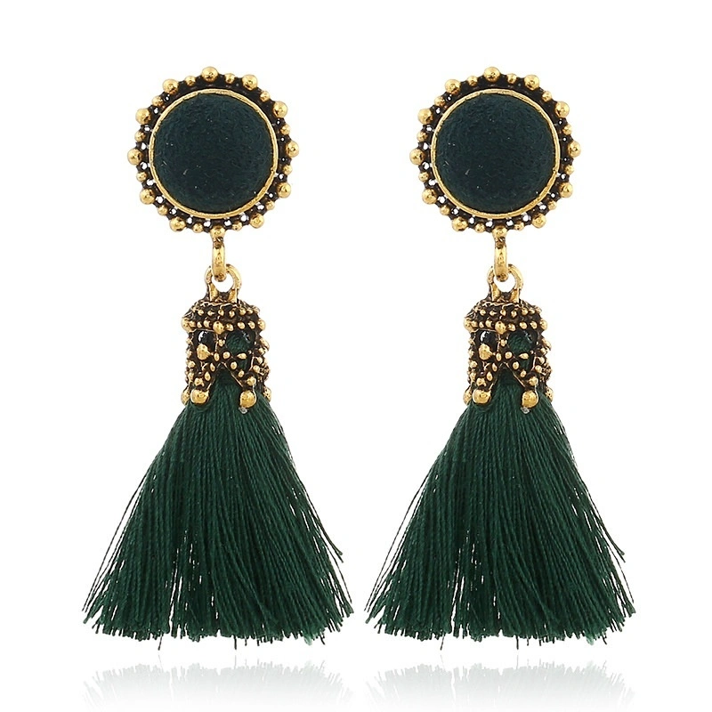 5 Colors Fashion Summer Long Tassel Spherical Vintage Style Round Dangle Earrings (Green)