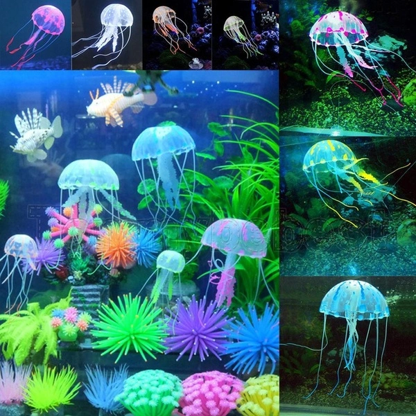 Beautiful artificial jellyfish fish tank decoration glow home decor (Green Size:L)