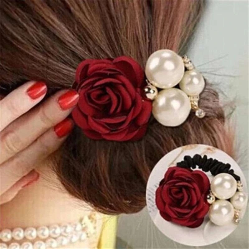 Korean Fashion Pearl Rose Flower Elastic Hair Rope (champagne)