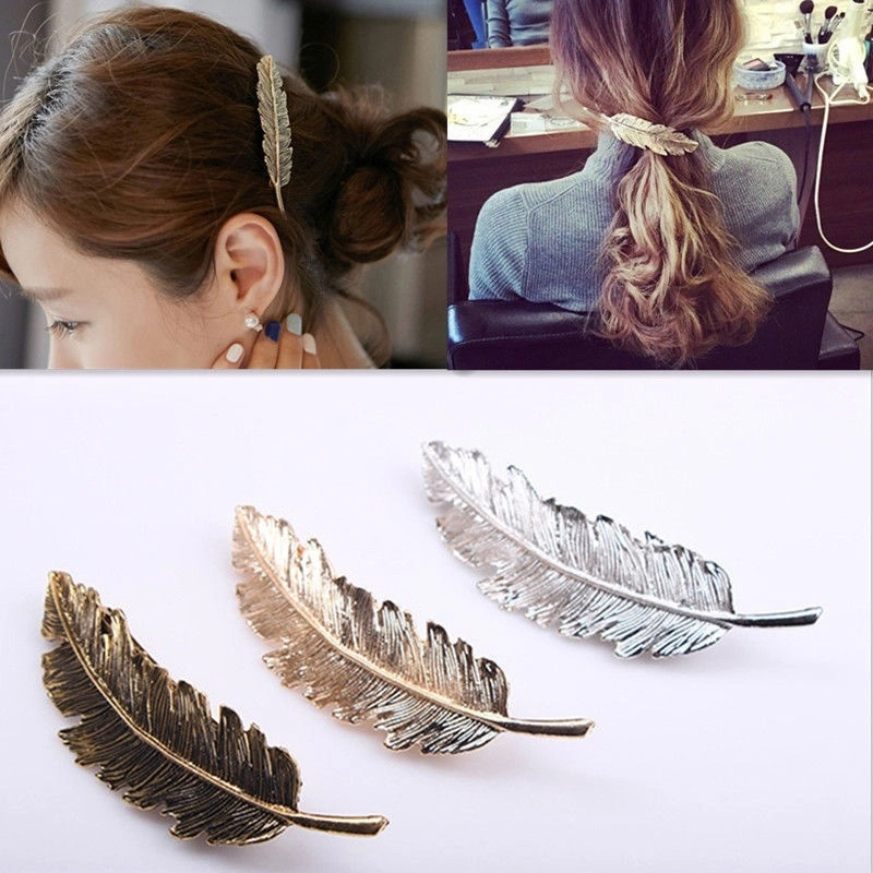 Women Gold/Silver Leaf Feather Hair Clip Hairpin Barrette Bobby Pins Hair Accs (Silver)