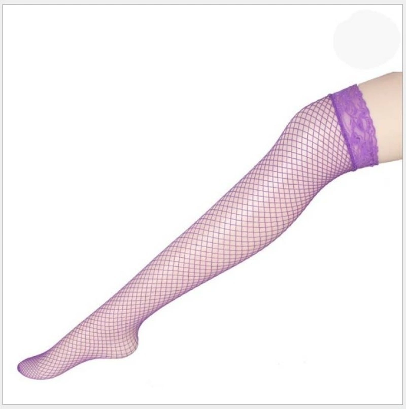 Ultra-Thin Lace Hollow Sheer Thigh High Mesh Mounted Silk Stockings Long back fishnet (Purple)