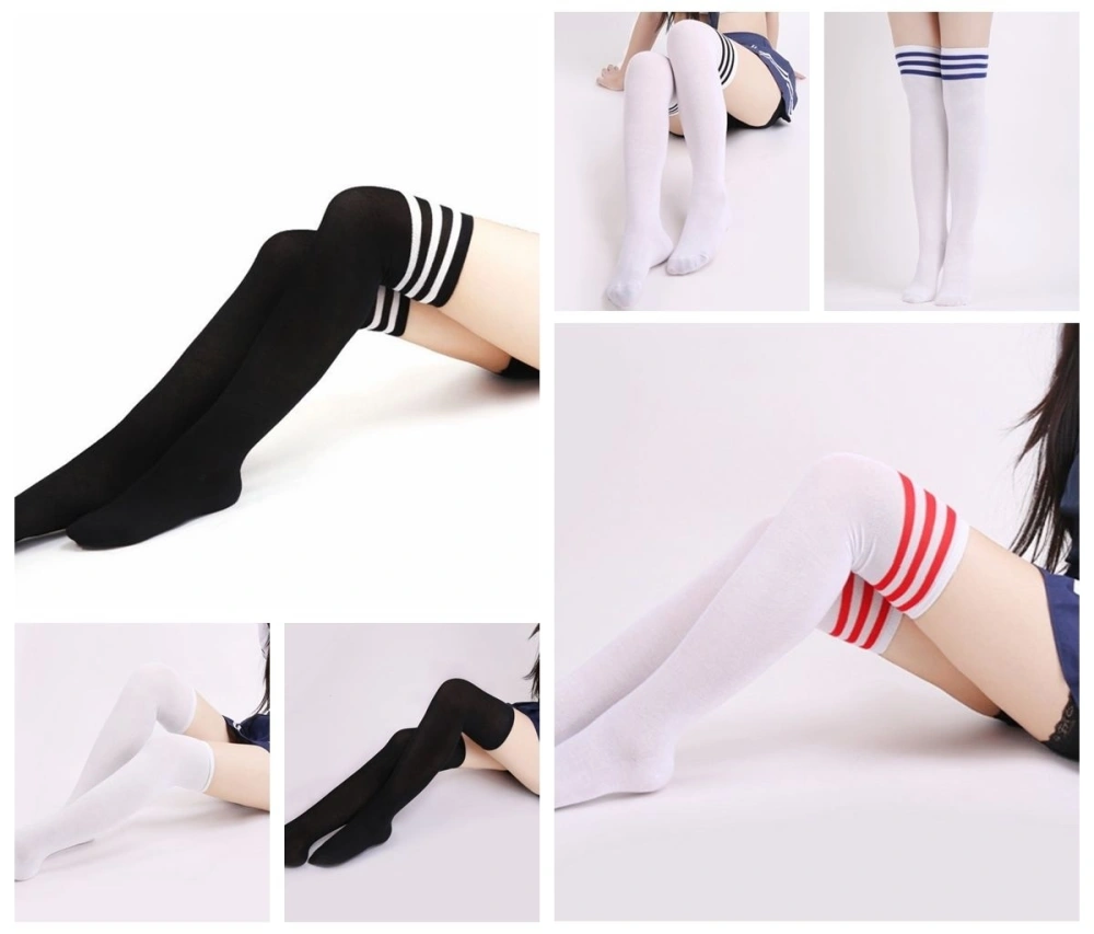 Lady Warm Thigh High Stripe Over Knee soccer Long Stocking tights Socks (Black)