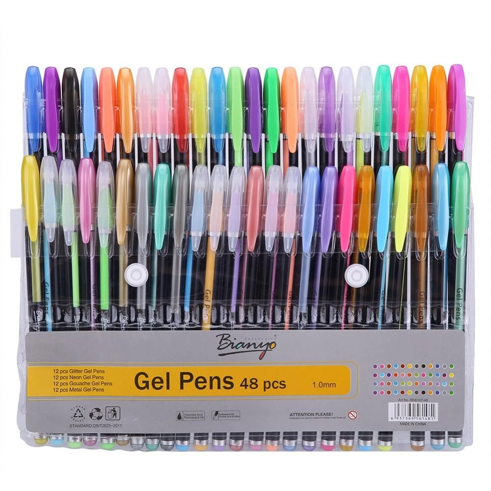 48pcs Colorful Glitter Neon Gouache Metallic Drawing Sketch Gel Pen Stationery