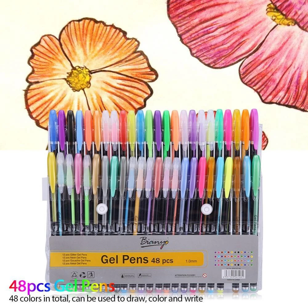 48pcs Colorful Glitter Neon Gouache Metallic Drawing Sketch Gel Pen Stationery