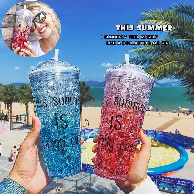 Ice Cup Creative Summer Ice Cup Double-layer with Straw with Cover Plastic Water Cup Refrigerat