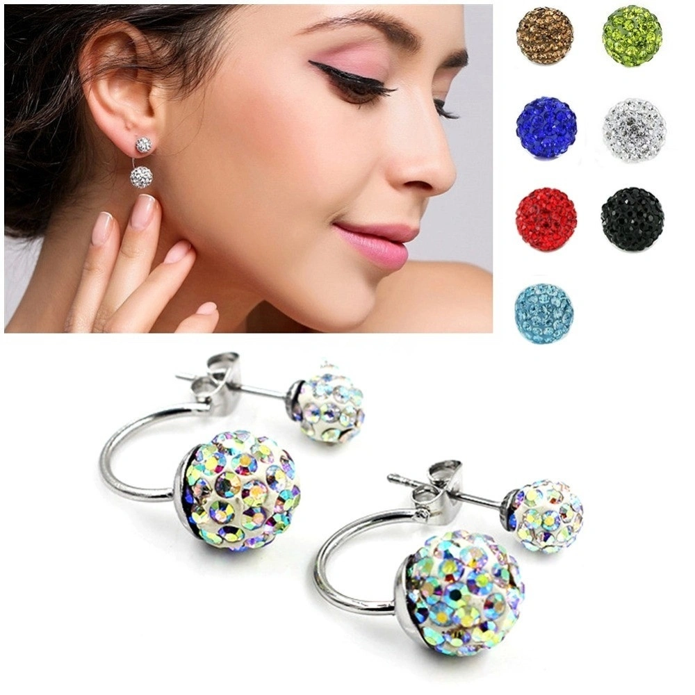 Fashion Cute Women Jewelry Silver Plated  Double Beads Crystal Stud Earrings Women‘s Fashion Je