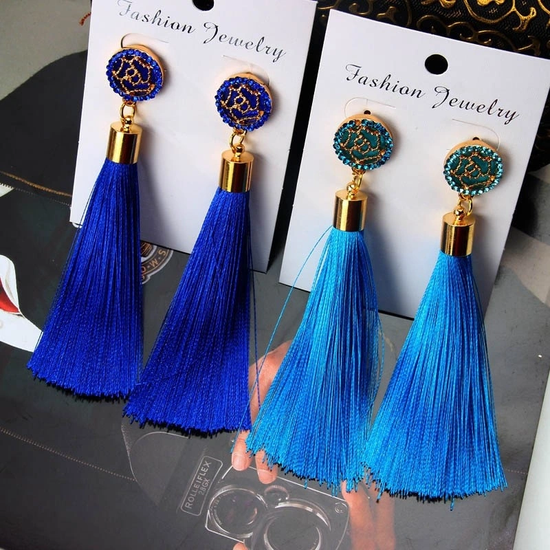 Bohemian Crystal Tassel Earrings Silk Fabric Long Drop Dangle Tassel Earrings