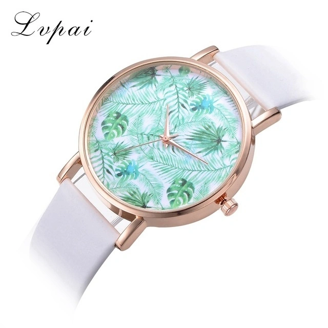 Lvpai Brand Watches Women Mint Green Leaf Leather Dial Leather Strap Dress Quartz Clock