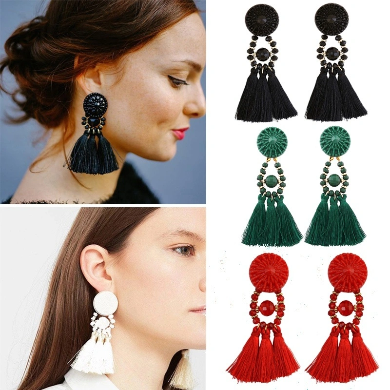 Ethnic Tassel Earrings with Crystal Women Earrings Bohemian Beaded Dangle Drop Earring (red)