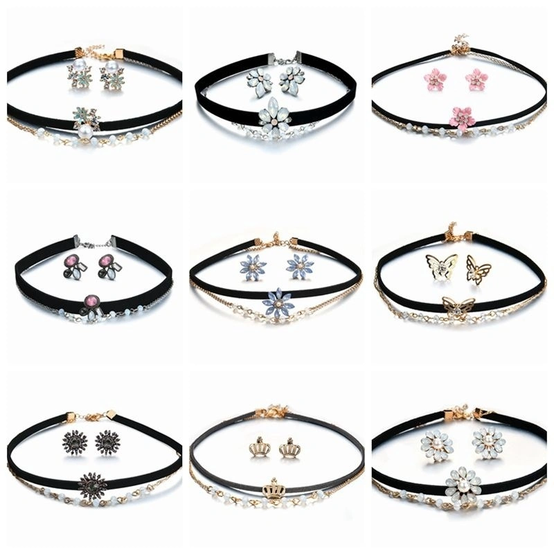 Fashion Ladies Bohemian Turquoise Pearl Crystal Flowers Choker Necklace and Earrings Set